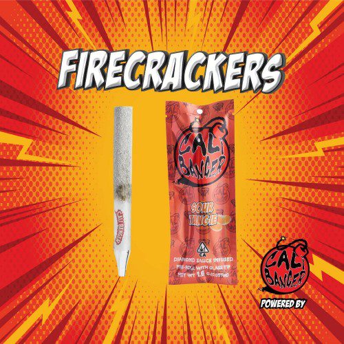 CALI BANGERS DIAMOND SAUCE INFUSED PRE ROLL 1 - Da Green Corner Weed Delivery "Close-up of a Cali Bangers Diamond Sauce Infused Pre-Roll, showcasing the sleek packaging and high-quality pre-roll infused with diamond sauce. The pre-roll is packed neatly and is surrounded by branding on the label, indicating premium cannabis content.