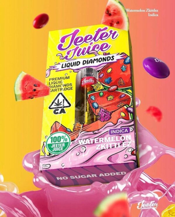 "Jeeter Juice Watermelon Zkittlez is a flavorful cannabis concentrate with a vibrant watermelon aroma and sweet, fruity notes. The product is a pre-filled vape cartridge that delivers a smooth, refreshing experience with each puff. It features a balance of tropical, juicy watermelon and candy-like Zkittlez flavors, making it a go-to for users seeking a tasty, potent experience.